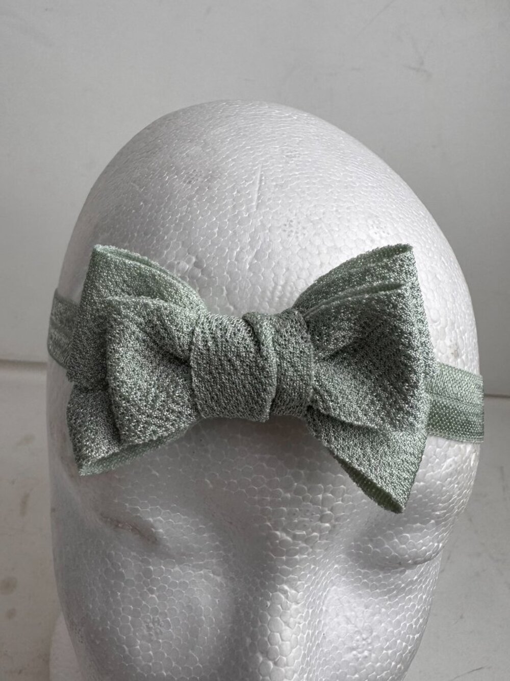 Vintage Sage Green Shimmer Knit Bow Headband Elastic Hairband Retro